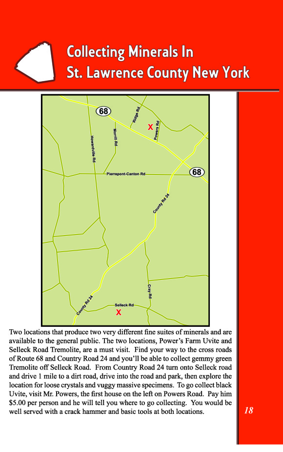 map to collect tremolite and uvite at power's farm and selleck road in st. lawrence county, new york