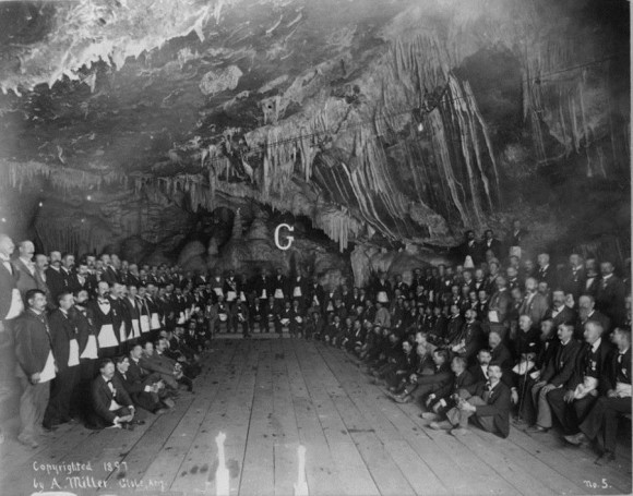 Bisbee Masonic Lodge holding a 1887 meeting in a huge ‘cave’ in the Copper Queen Mine, Bisbee, Arizona (photo © Library of Congress)