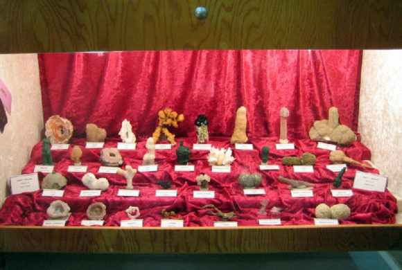Red velvet drapery in the back of this display case create a dramatic effect.