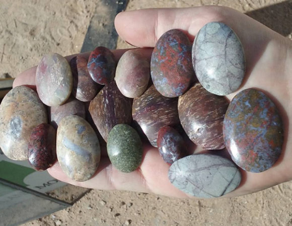 A sampling of cabochons made from material found in the Cady and Alvord Mountains