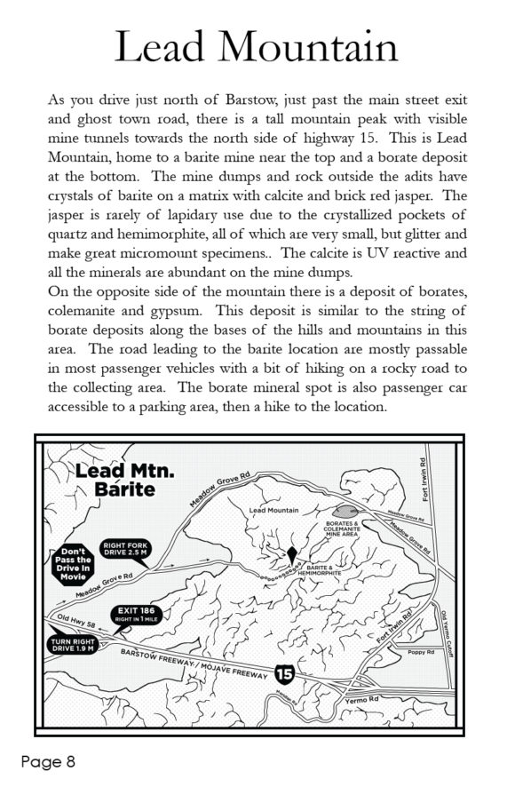 Sample page from the Rockhound Barstow Field Guide - Lead Mountain, just a couple miles from highway 15, a great place to visit and collect colorful crystals!
