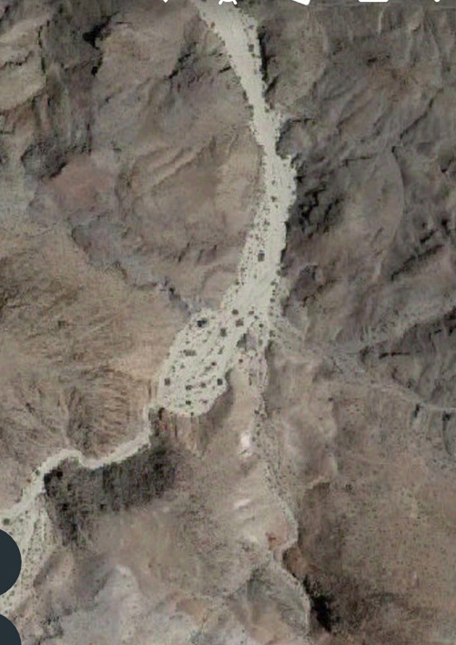 Satellite view of the "Mixing Bowl" near the end of the wash above Pyramid Canyon