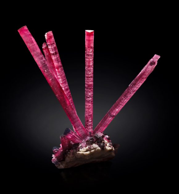 This photo is a CRAZY AMAZING Tourmaline with RICH RED COLOR and 5 big crystals standing tall and unbelievable on a bit of matrix