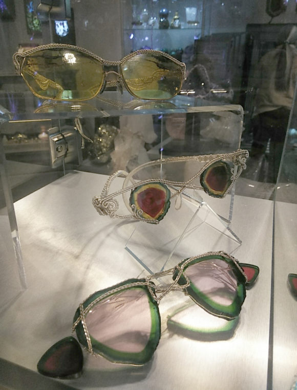 Glass replicas of tourmaline slices set into custom wire frames
