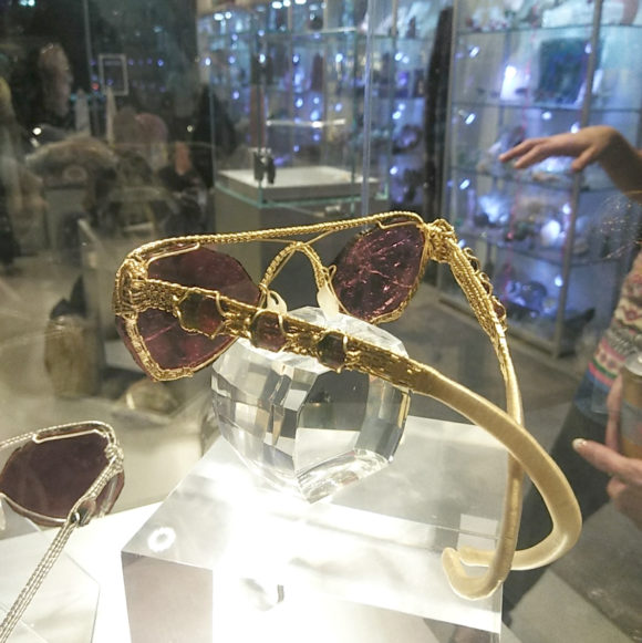 View of the Side Arms of a pair of custom wire wrapped sunglasses with red tourmaline lenses