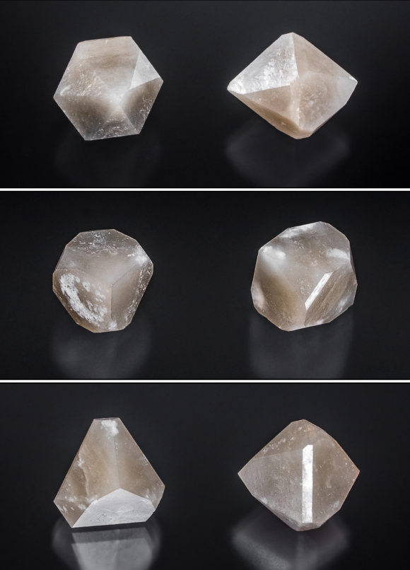 Comparison of equant forms with the left-hand side viewing the crystals down the c-axis and the right-hand side viewing roughly perpendicular to the c-axis. Top: quartzoid (Cumberland) habit; Middle: pseudocubic habit; Bottom: trigonal habit. Largest crystal is 2.1cm.