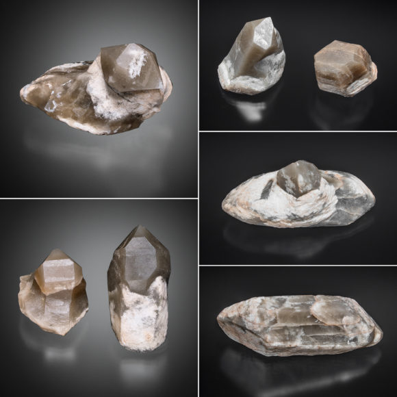 Examples of Pecos Valley Diamonds displaying both crudely crystalline "knobs" and well-formed, lustrous crystals. Clockwise from top left: crystal is 5.1cm; terminated crystal is 4.6 tall; crude crystal is 7.2cm across; crude crystal is 7.6cm across; right-hand crystal is 4.7cm.