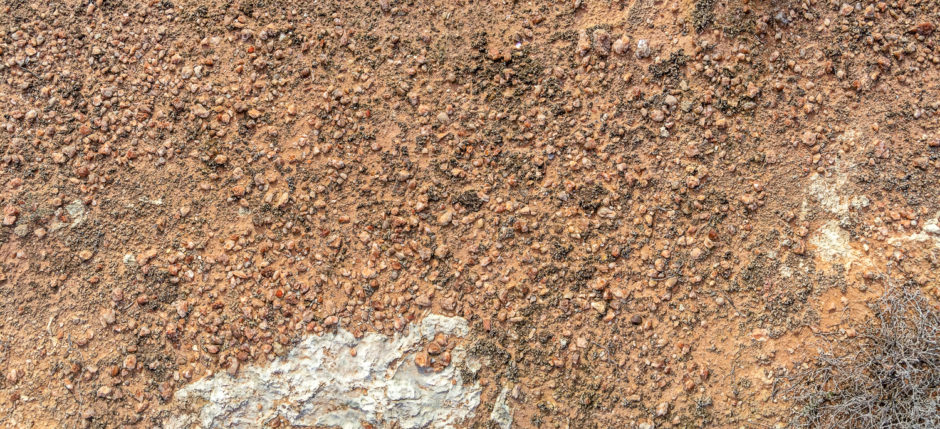 Outcrops of Pecos Valley Diamonds are often densely concentrated. Each "pebble" in this image is a quartz crystal, most measuring ~1-2cm. Many crystals are broken. Field of view is approximately 1 meter.