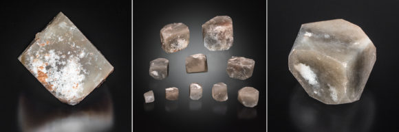 Various orientations of the pseudocubic form in Pecos Valley Diamonds. Left-hand crystal is 2.5cm; largest crystal in center grouping is 2.7cm; right-hand crystal is 1.5cm.