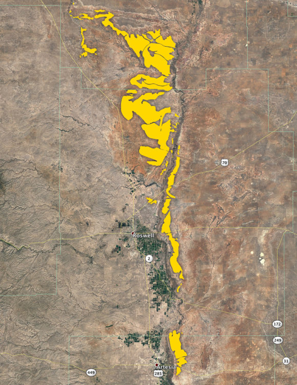 Surface outcrops of the Seven Rivers Formation (highlighted in yellow) in Southeastern New Mexico. Modified from Albright and Lueth 2003.