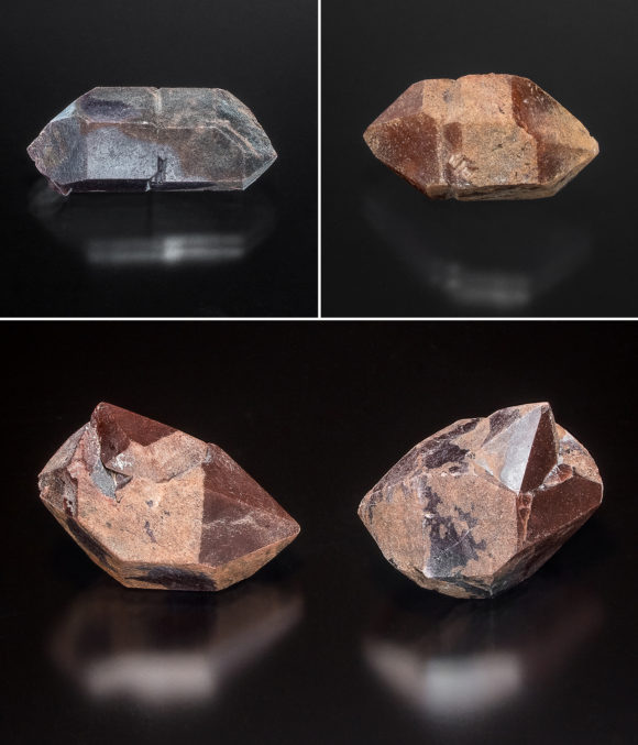 Unusual geometries in groupings of multiple crystals. Top left crystal is 3.1cm; top right crystal is 2.6; bottom right crystal is 3.1cm.